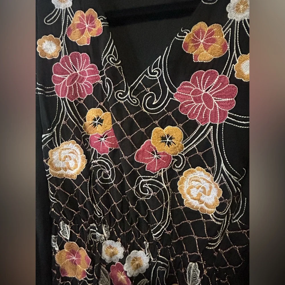 Black Dress with Pink and Orange embroidery V-Neck Long Sleeve Sundress - Picture 4 of 4